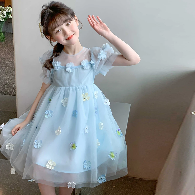 【QX】女童连衣裙2025夏新款立体花朵超仙礼服裙儿童蓬蓬公主裙纱裙