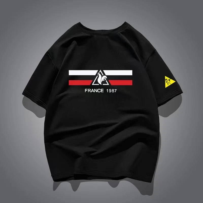 法国公鸡短袖圆领夏季T恤短撞色男装运动印花打底衫男士百搭半袖