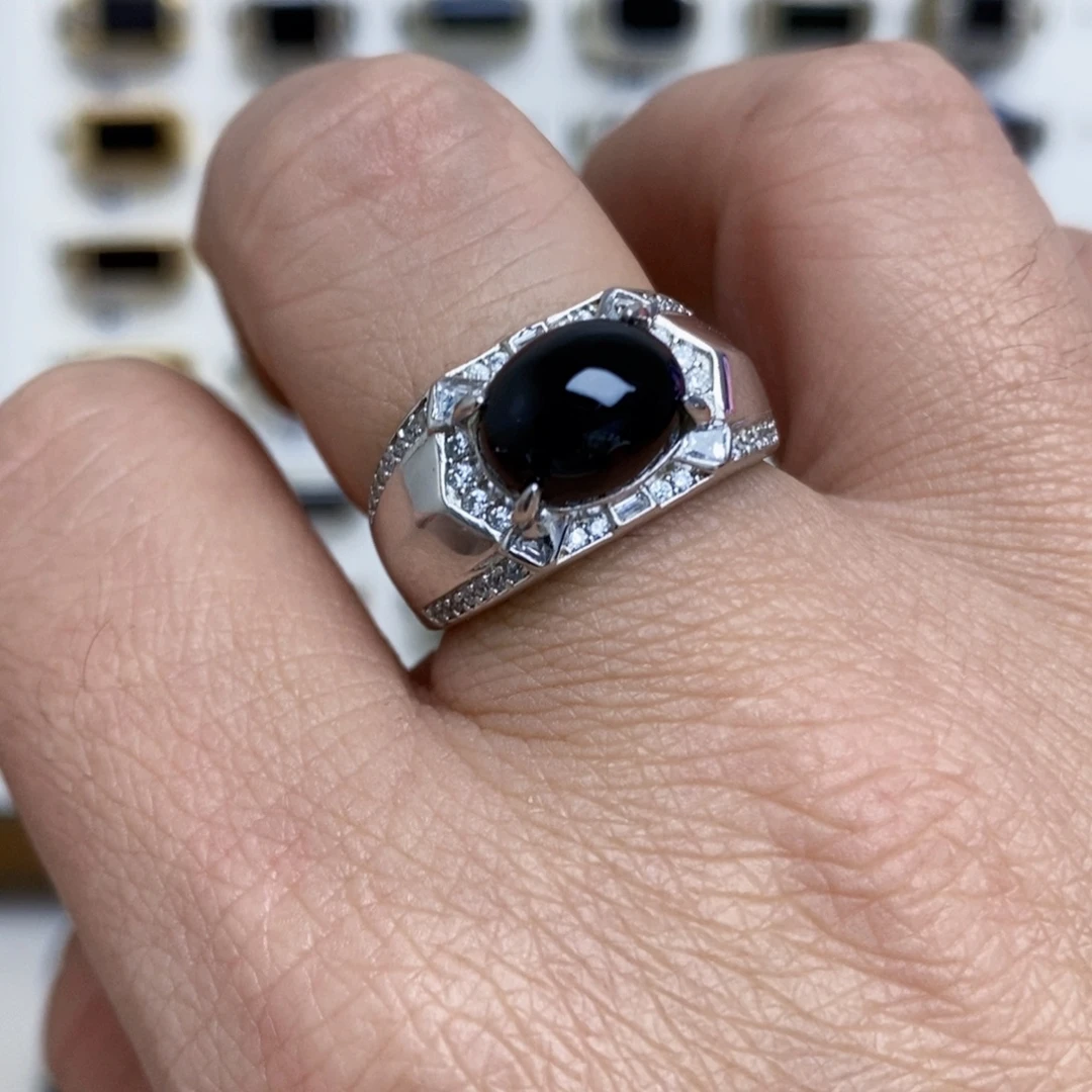 翡翠银S925镶嵌戒指墨翠戒指