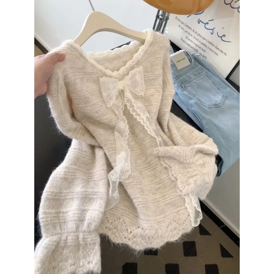 杏色蕾丝蝴蝶结喇叭长袖套头针织衫毛衣女2025新款设计感小众上衣