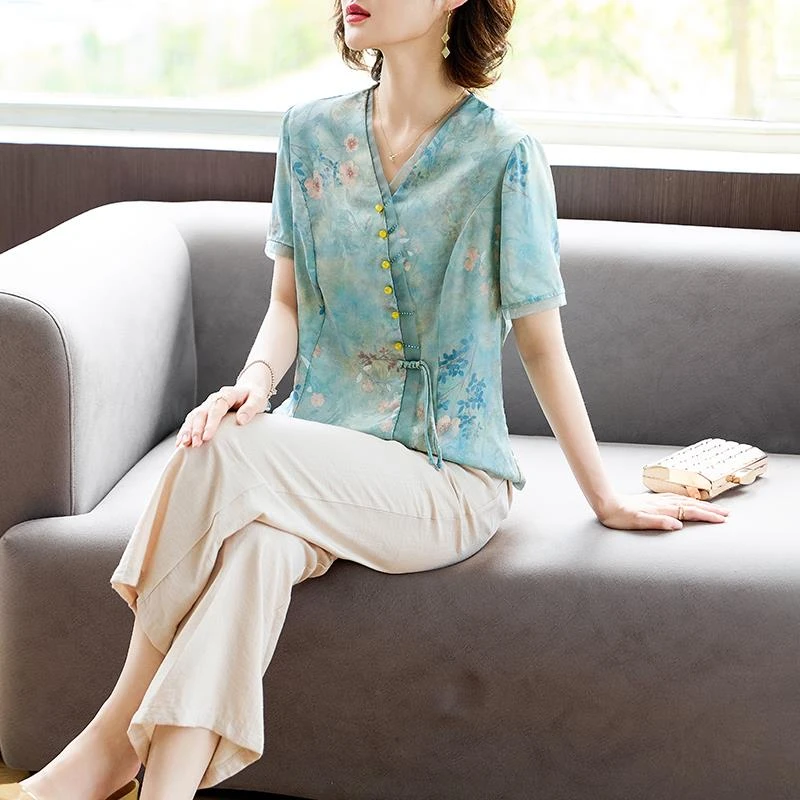 恒源祥彩羊新中式妈妈夏装短袖T恤洋气小衫中老年女夏季雪纺国风