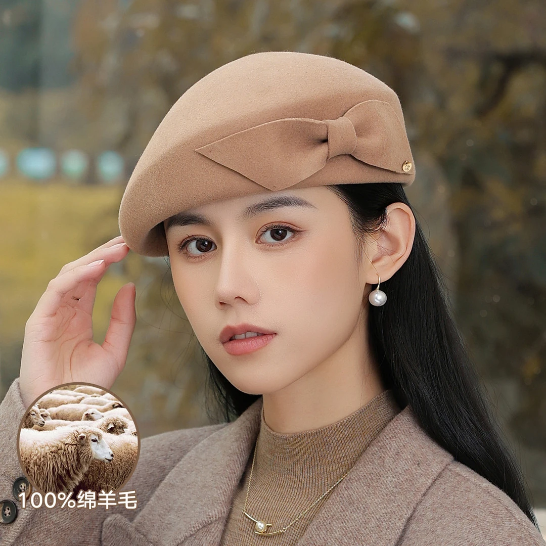 【100%绵羊毛】贝雷帽女秋冬法式优雅蝴蝶结纯色保暖画家帽