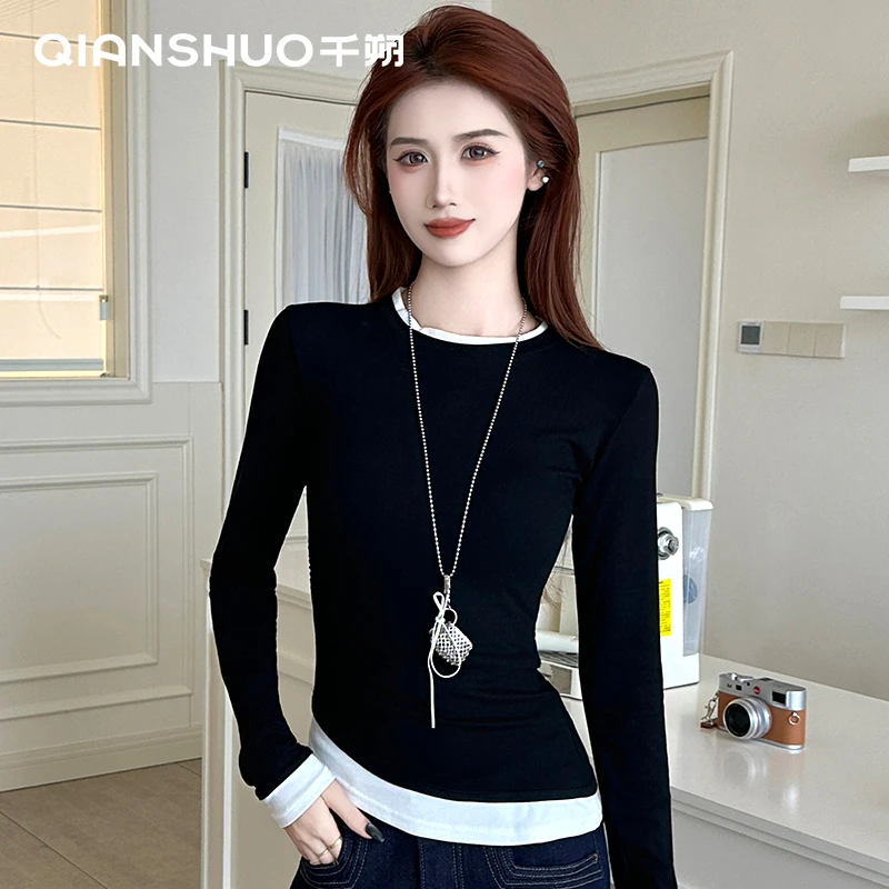 千朔秋季轻奢感女装百搭假两件长袖收褶t恤女内搭修身打底衫上衣