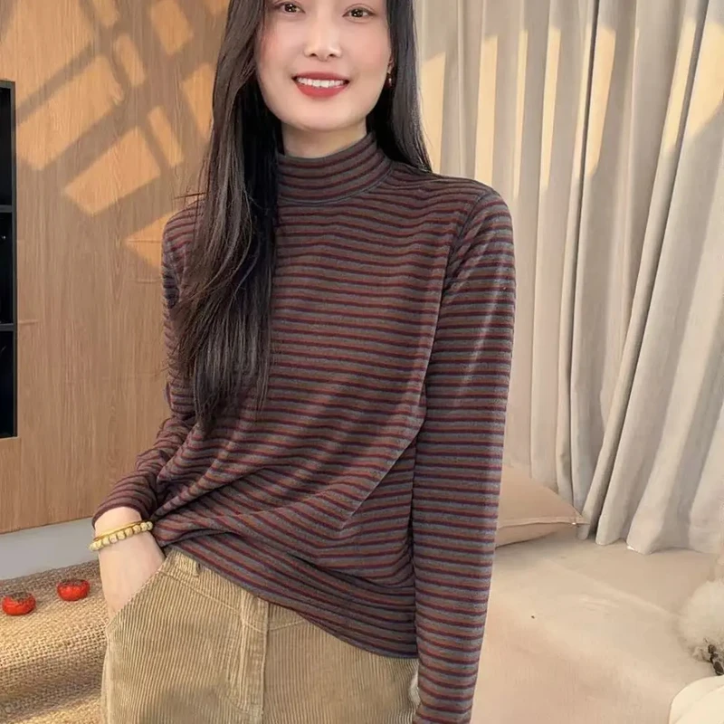 D245-条纹石墨烯长袖绒衫保暖厚款打底衫时尚内搭针织卫衣百搭