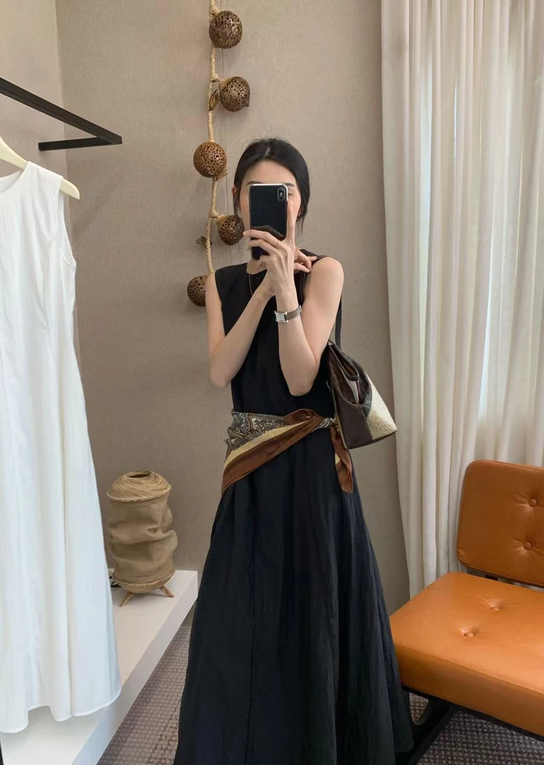 米古古FO 87162#新 法式素雅白月光气质连衣裙（带丝巾）（裙长128）