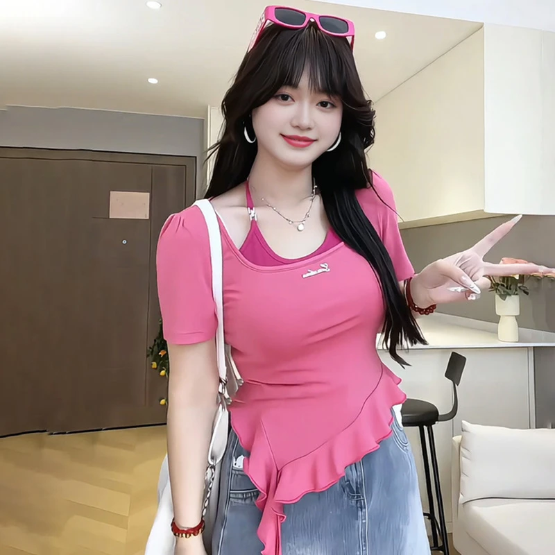 【8811】大码女装胖mm美式挂脖假两件短袖T恤夏季不规则飘带上衣