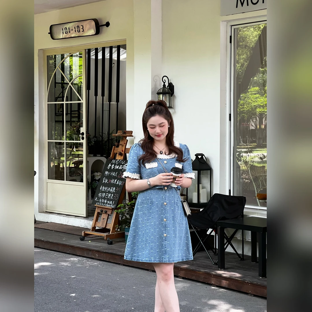 楠序关关微胖女装 复古牛仔裙女假两件连衣裙爆款2025新款YZ36165