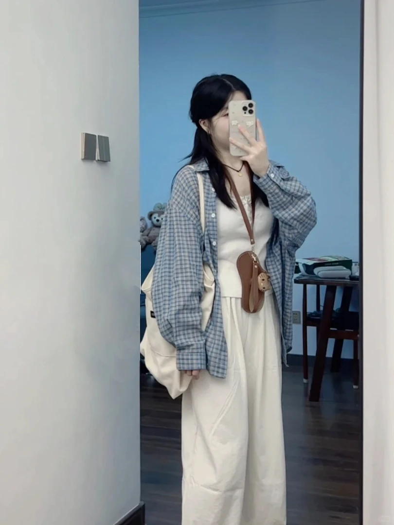 2025入秋新款韩系松弛感穿搭格子衬衫上衣搭配休闲裤显瘦两件套女