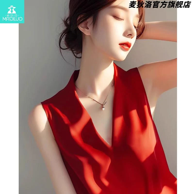 轻奢高级感v领纯色雪纺上衣2025夏季本命年红复古洋气无袖背心女