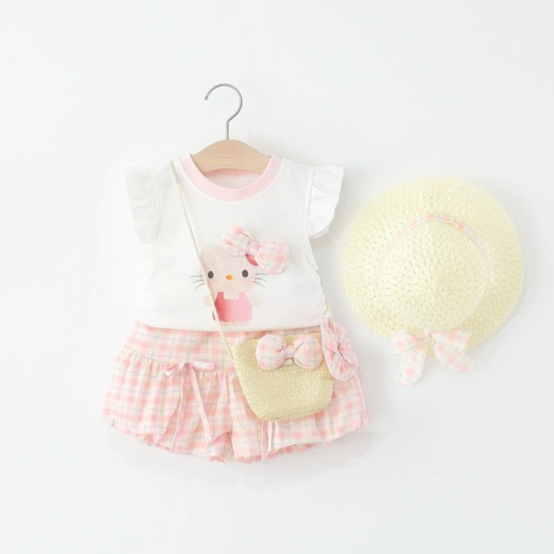 童装女童套装夏季儿童女宝宝卡通t恤上衣+格子花苞短裤两件套洋气