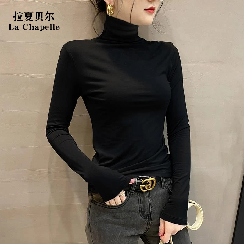 拉夏贝尔秋冬高领不起球长袖抗皱黑色打底T恤修身紧身洋气搭上衣