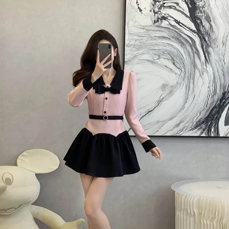 法式小香风粉色连衣裙女2025新款秋冬高级感气质名媛收腰显瘦裙子