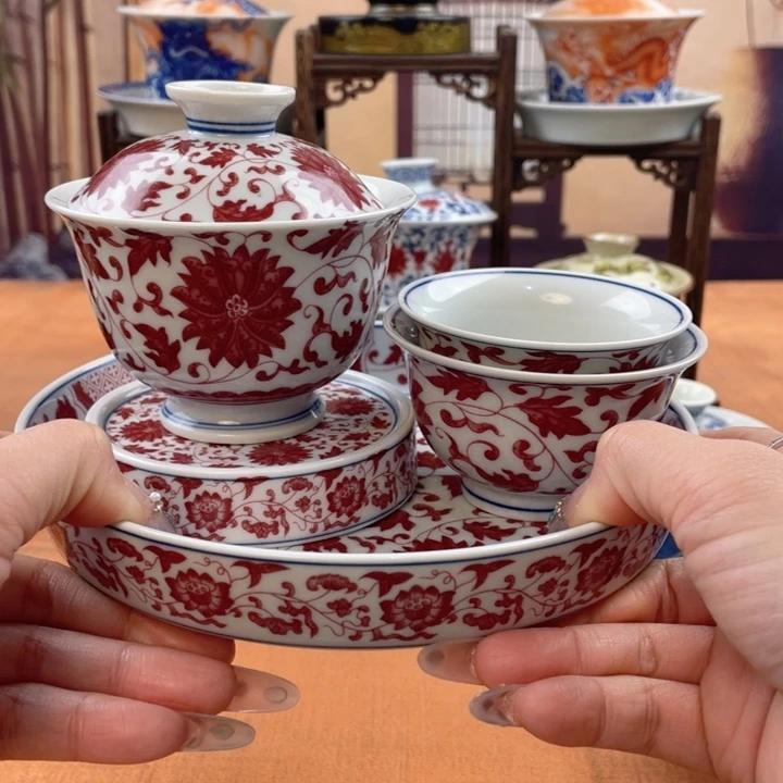 摆件陶釉里红缠枝莲五件套