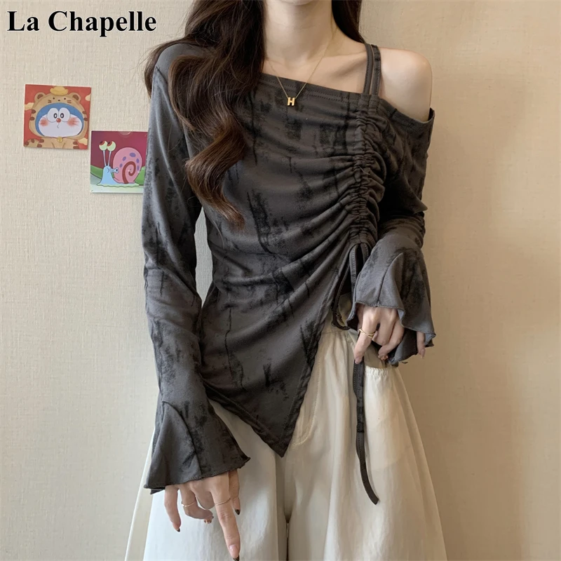 拉夏贝尔法式甜辣扎染T恤女夏季新款喇叭长袖不规则抽绳露肩上衣