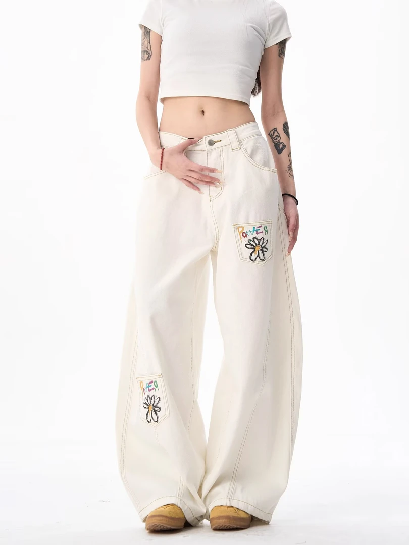美式复古花朵刺绣印花白色牛仔裤女2025新款街头男女宽松阔腿长裤