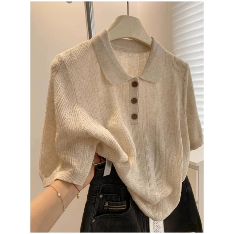 高级感燕麦色Polo领正肩针织冰丝短袖t恤女夏宽松单穿打底的上衣