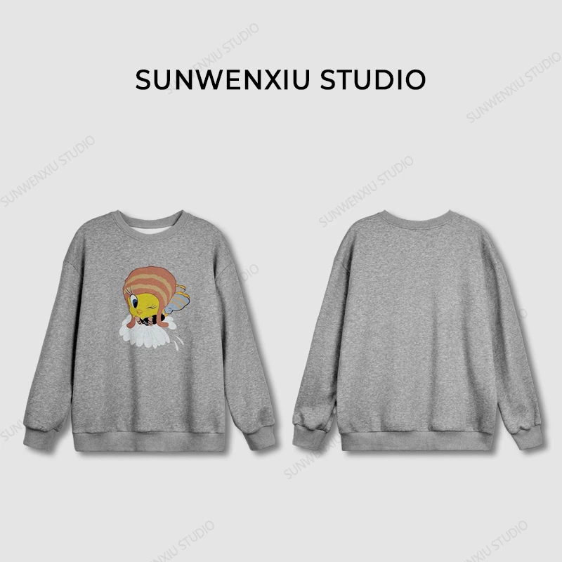 swx studio2店 翠儿 数码印花休闲宽松圆领加绒卫衣