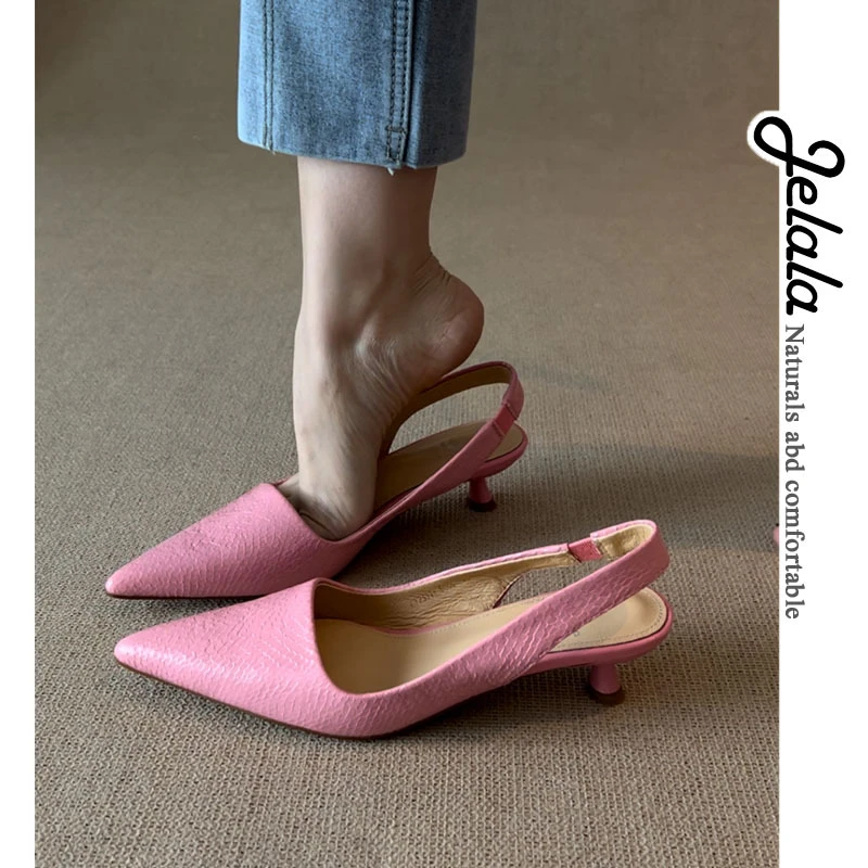 JELALA·粉色低跟单鞋女夏季新款尖头浅口百搭高跟鞋D75