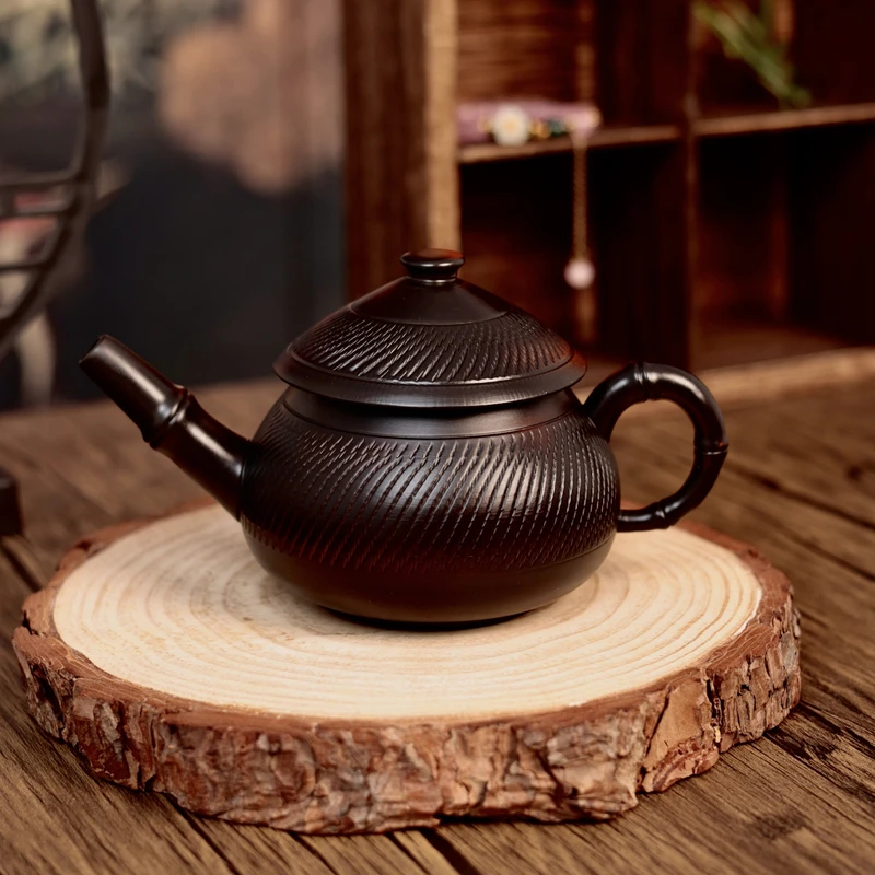 紫陶手工复古跳刀渔翁壶汉瓦壶大容量家用轻奢高档功夫茶具