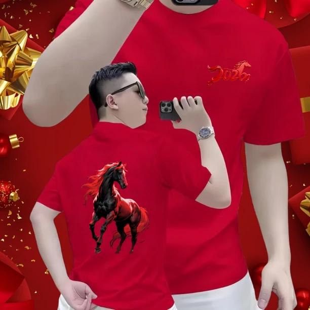 爆款潮牌本命年红色骏马印花纯棉短袖T恤圆领男士时尚百搭上衣
