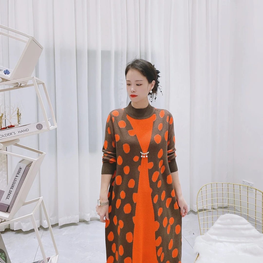 6091[典雅女神]减龄桔色波点优雅气质秋冬连衣裙