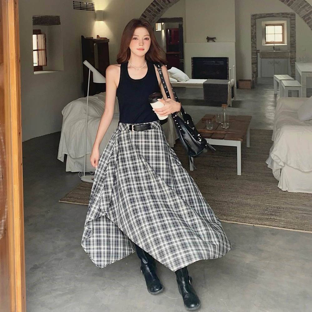 假两件格子拼接无袖背心连衣裙女夏2025新款法式不规则爆款长裙子