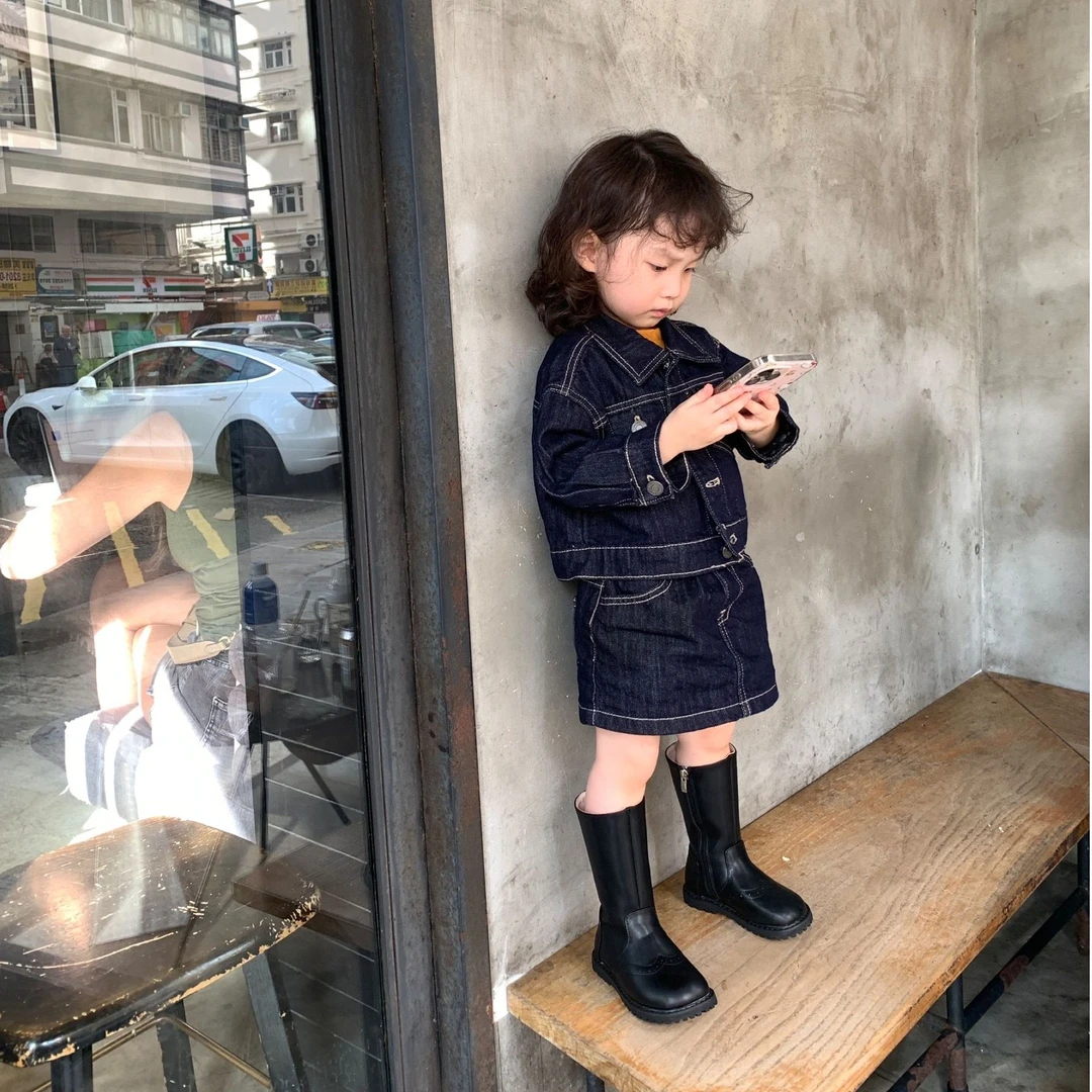 壹妈韩版童装女童秋装时髦套装洋气儿童百搭牛仔外套半身裙两件套