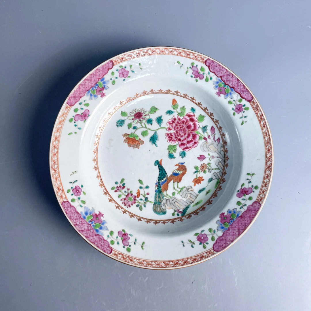 M25K6001298-清乾隆粉彩孔雀牡丹纹盘