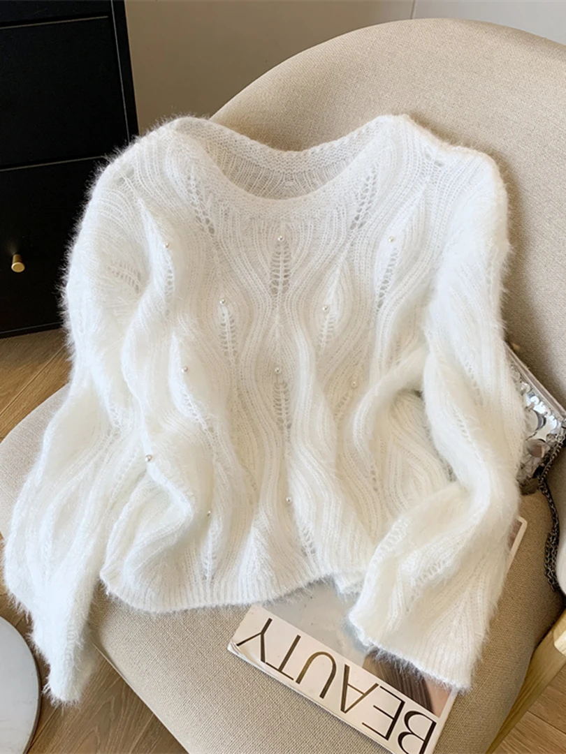 韩系chic慵懒风纯色镂空钉珠长袖毛衣女秋季款简约时尚百搭针织衫