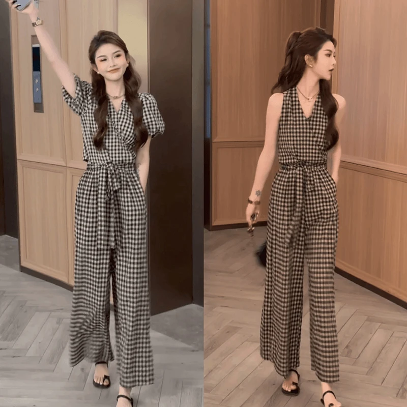 复古系带格子套装女2025夏季新款气质超好看短袖上衣阔腿裤两件套