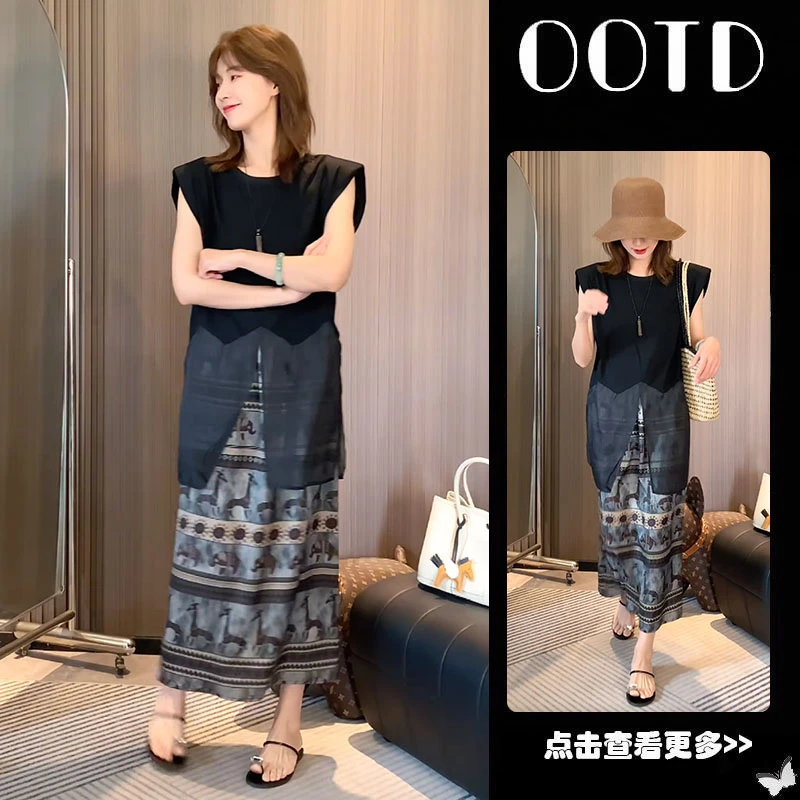 超火夏季穿搭一整套女2025新款韩版黑色拼接衬衫百搭半身裙两件套