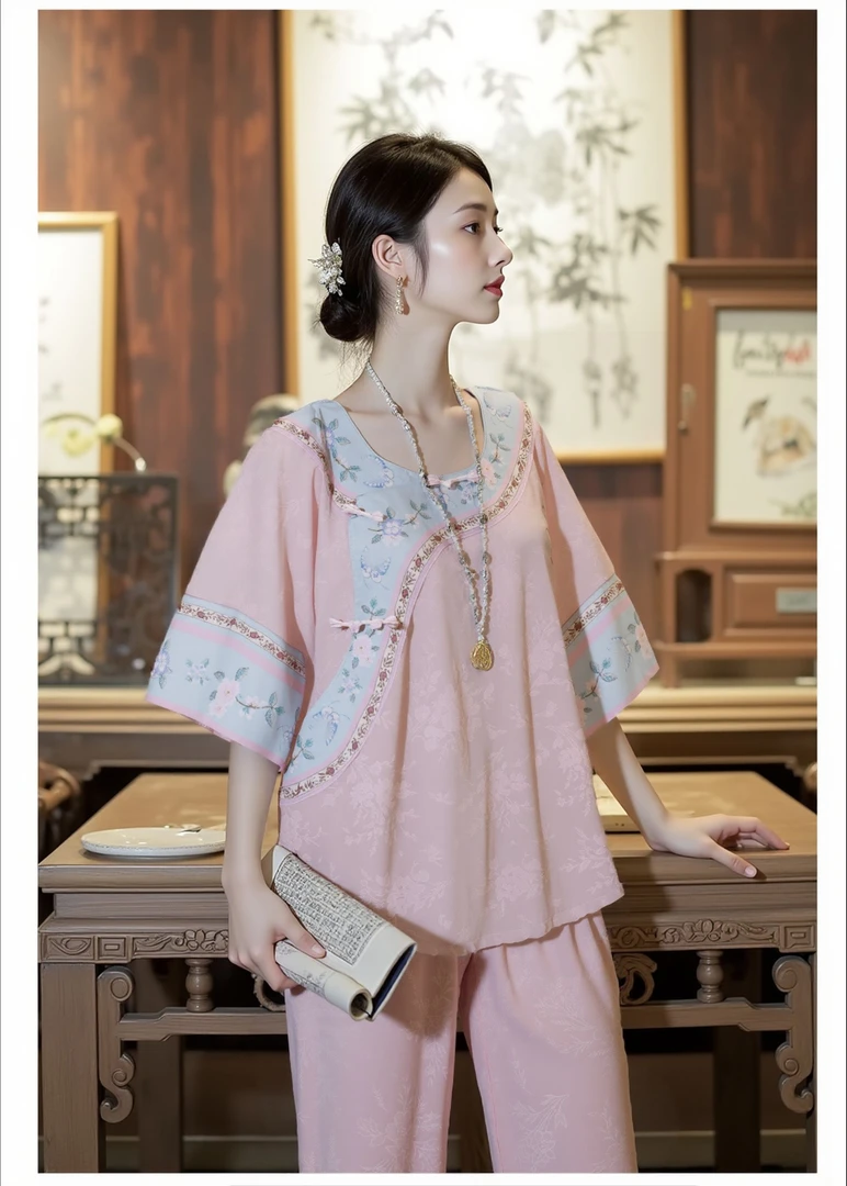 【中式套装】DR-XH-夏季国风复古薄款銮金宽松汉服印花睡衣家居服