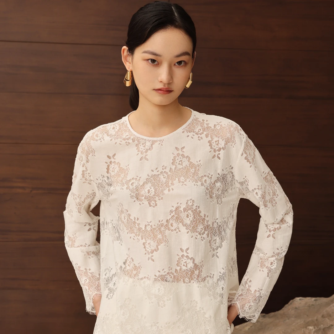 如意连云【曦芸】睫毛边蕾丝镂空衬衫女新中式国风圆领落肩袖上衣