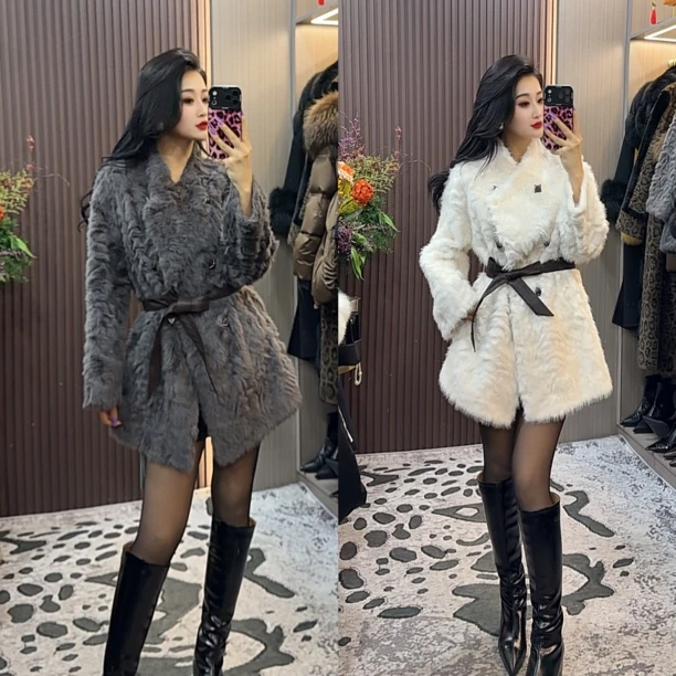 秋冬款加厚束腰系带女式外套保暖显瘦时尚宽松5306