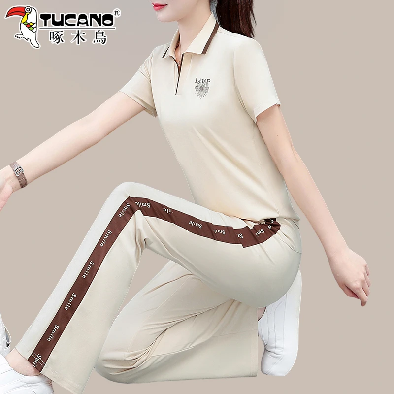 啄木鸟冰丝运动套装女夏2025新款时尚洋气妈妈夏装翻领短袖两件套