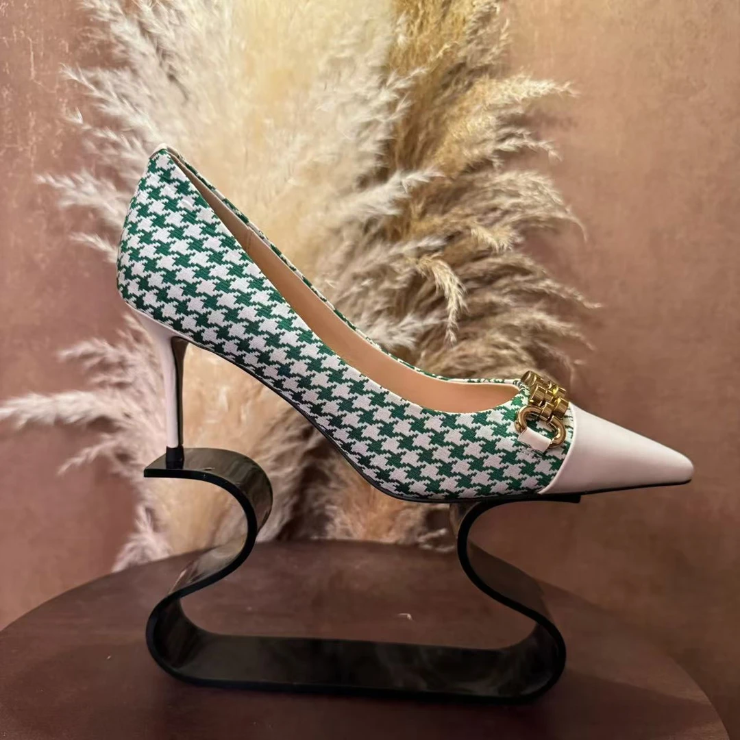 绿色金属扣尖头单鞋女千鸟格软底女鞋浅口细高跟气质单鞋女3988