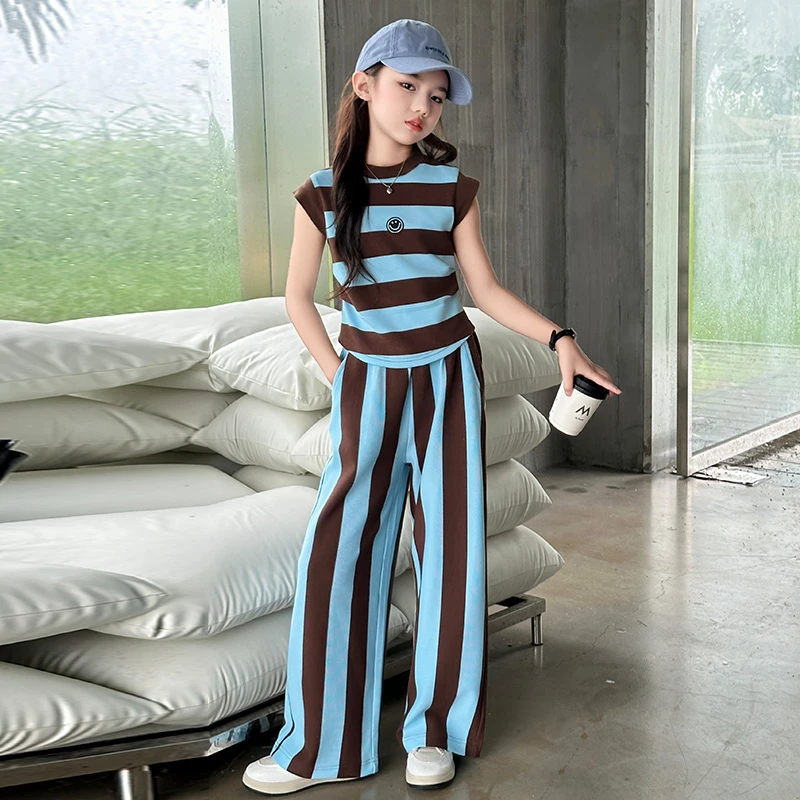 女童中大童夏装可爱风2025新款洋气儿童条纹短袖时髦阔腿裤两件套