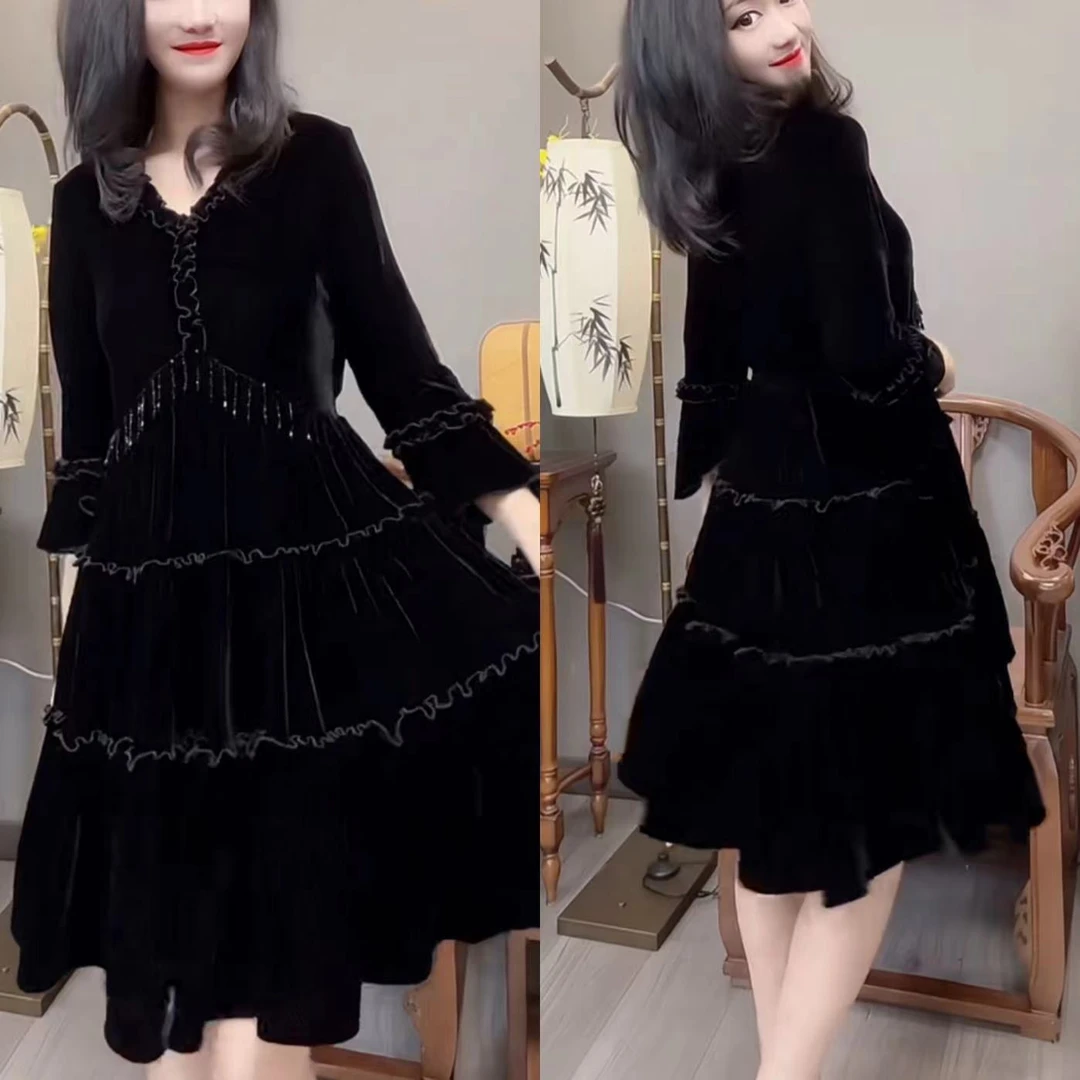 V领A字裙长袖连衣裙小黑裙女装