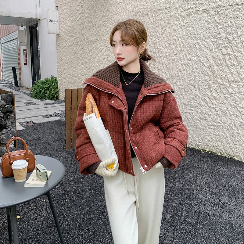 红色针织翻领短款羽绒服女冬季2024新款小个子韩系面包服爆款流行