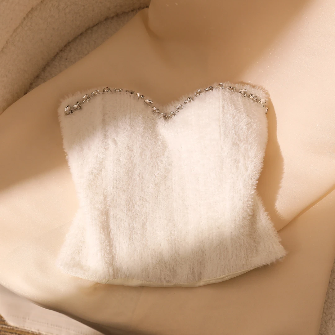 镶钻毛绒吊带背心女内搭胸垫性感修身显瘦皮草打底水貂毛抹胸上衣