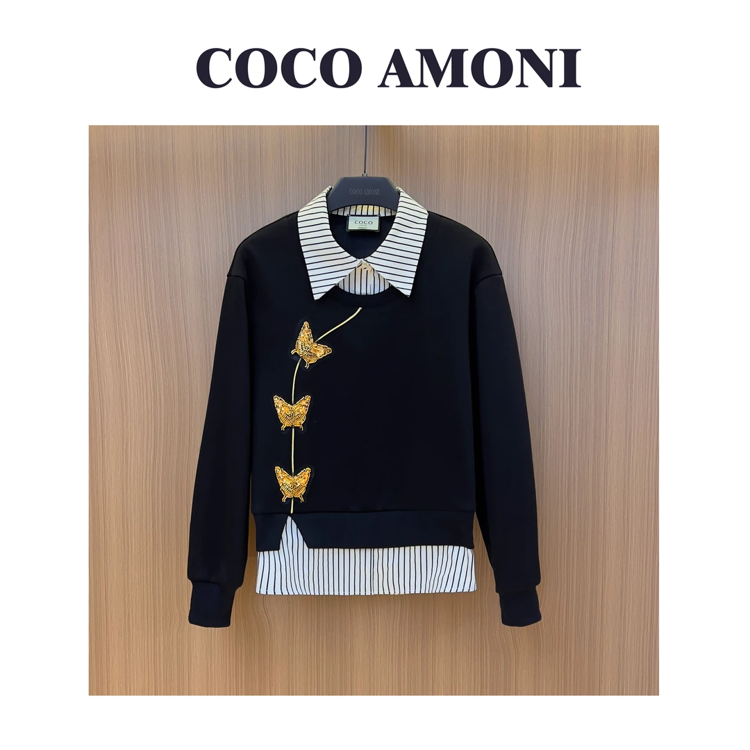 秋冬季高级感新款重工蝴蝶结假两件设计减龄显瘦长袖卫衣AD302