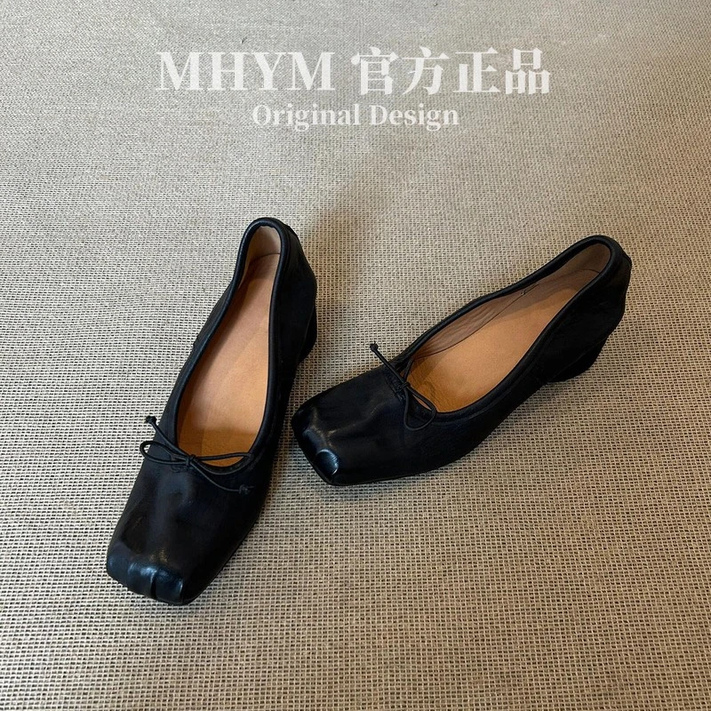 水洗牛皮~复古真皮褶皱方头猪鼻子粗跟单鞋女外穿法式浅口芭蕾鞋