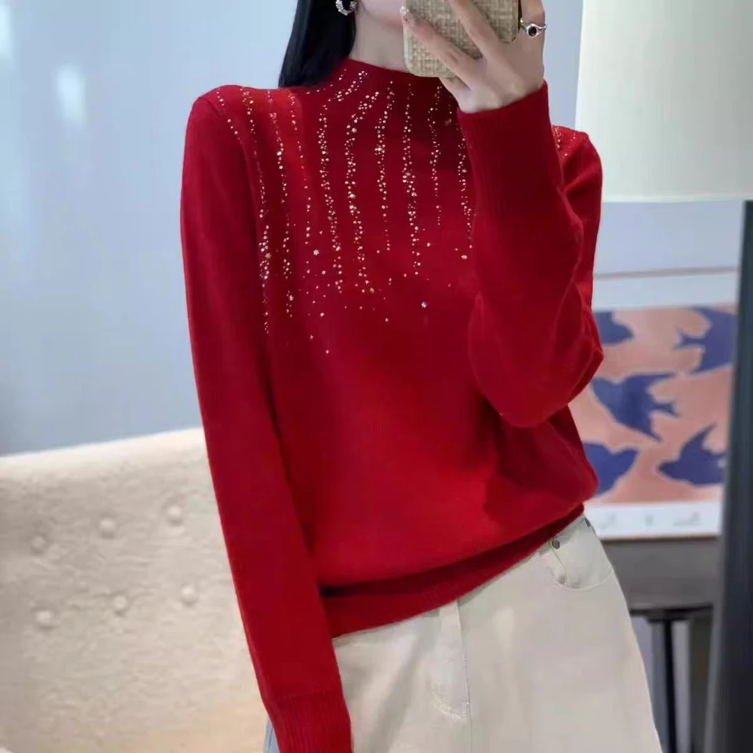 丽姐家~流星亮钻红针织时尚百搭女士宽松半高领加厚上衣