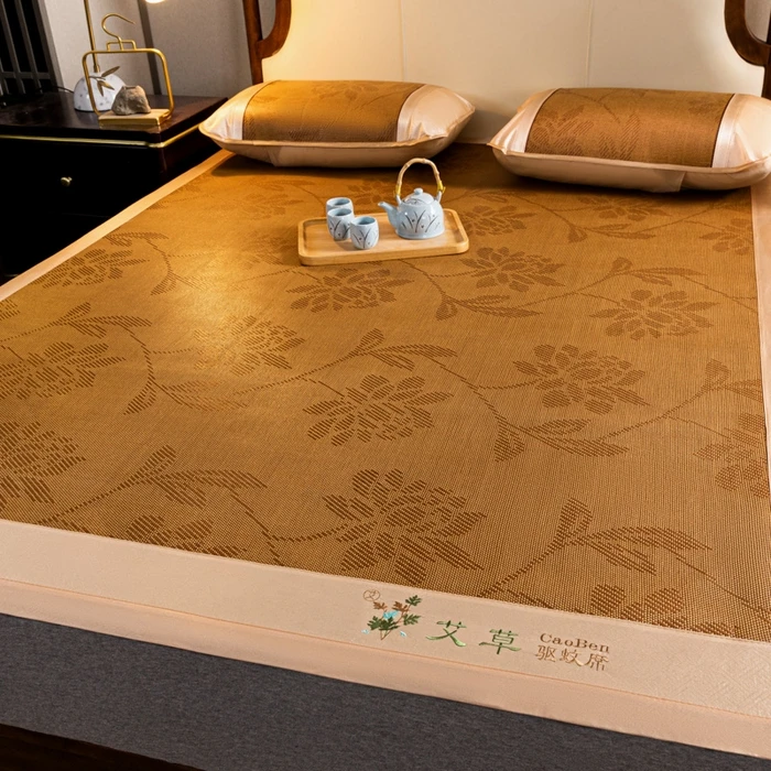 藤席双面刺绣艾草凉席三件套夏季夏凉席子凉而不冰驱蚊养生席