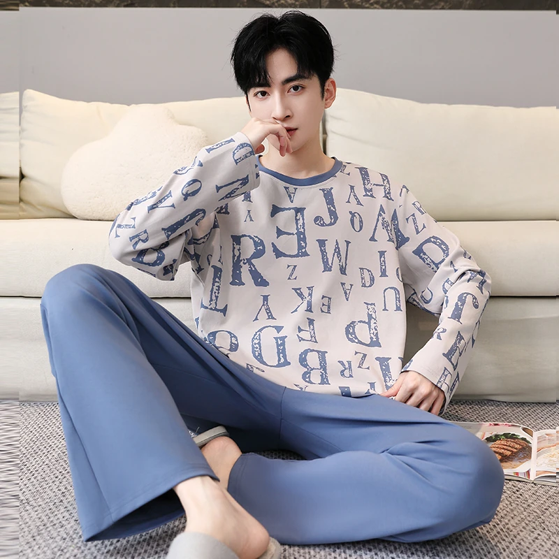 春秋季男士睡衣长袖长裤薄款青年加大码男款可外穿休闲家居服套装