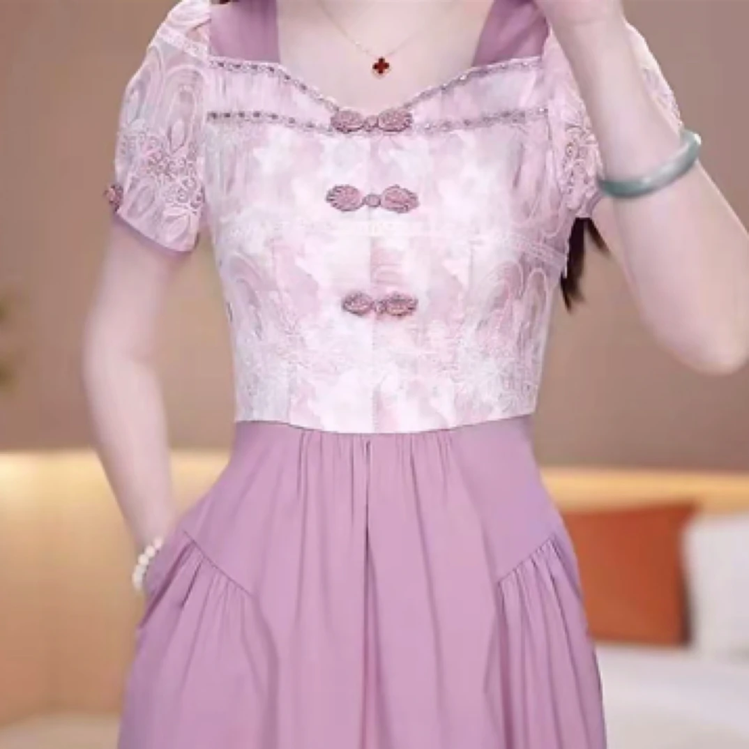 A0598短袖连衣裙夏季收腰显瘦中长款优雅气质时尚减龄