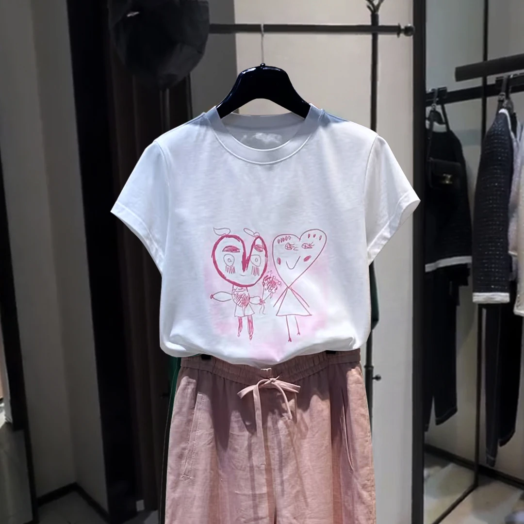 【商场同款】2025夏新款圆领印花正肩显瘦短袖t恤女简约上衣1300996