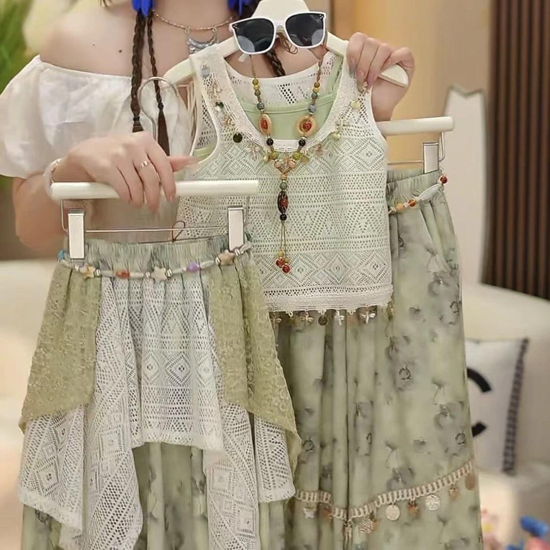 洋气gkmy套装镂空针织民族流苏吊带夏季裙西米亚度假两件套中大童
