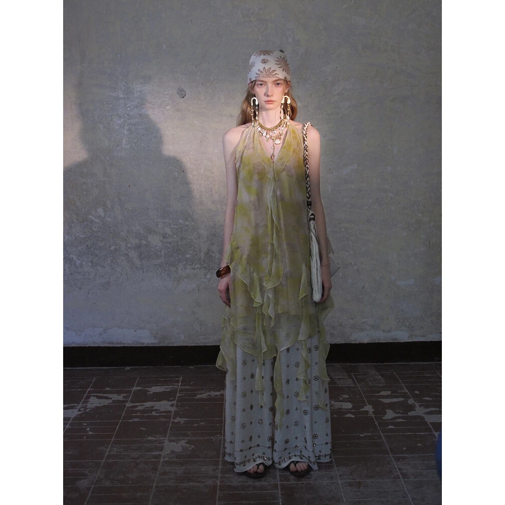 CARIEDO日落下的柠檬树 bohochic波嬉荷叶边 挂脖吊带两穿连衣裙