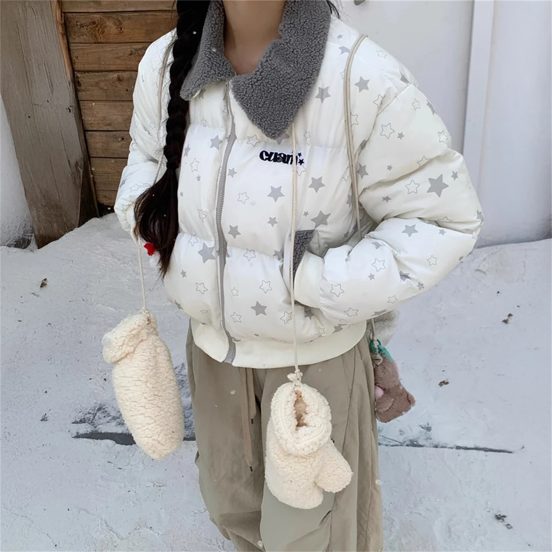 美式复古个性毛领短款棉服外套冬季新款百搭面包服复古休闲棉衣
